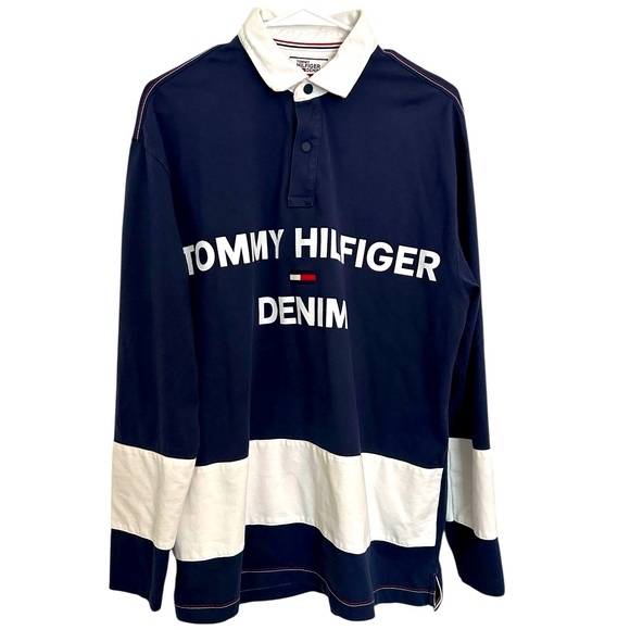 Tommy Hilfiger Rugby‎ Polo Shirt Men Size Medium Colorblock Long Sleeve Classic - Picture 1 of 5